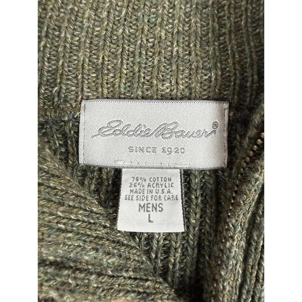 Eddie Bauer Mens LRG Olive Green Rib Knit 1/4 Zip Sweater USA Made‎ Cotton Blend